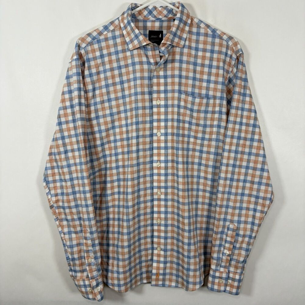 Johnnie-O Performance Button Down Shirt Mens Medium Orange Blue Checks Pocket LS
